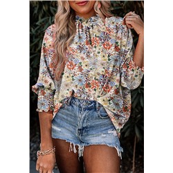 Multicolor Shirred Cuffs Bubble Sleeve Floral Blouse