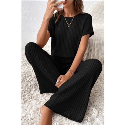 Black Solid Color Ribbed Short Sleeve Wide Leg Jumpsuit