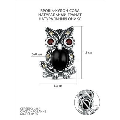 Серьги из чернёного серебра с натуральным ониксом, натуральным гранатом и марказитами - Совы 925 пробы HE1380-ON-LK