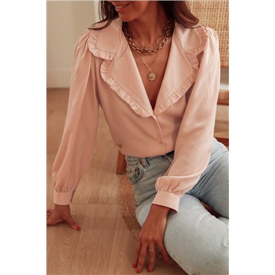 Pink Frilled Lapel Collar Button-Up Puff Sleeve Shirt