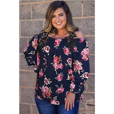 Navy Blue Plus Size Crochet Detail Cold shoulder Floral Blouse