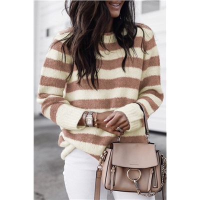 Brown Striped Round Neck Casual Sweater