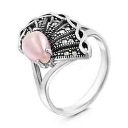 Кольцо из чернёного серебра с марказитами и розовым перламутром