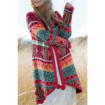 Rose Boho Aztec Knitted Pom Pom Tie Hooded Cardigan