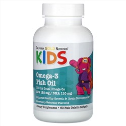 California Gold Nutrition, рыбий жир с омега-3 для детей, натуральный клубничный вкус, 60 капсул из рыбьего желатина