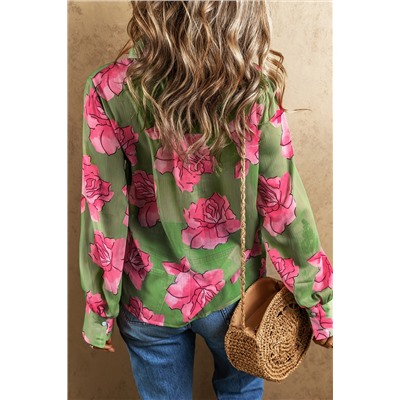 Green Floral Print Pleated Detail Puff Sleeve Shirt