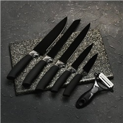 Набор кухонных принадлежностей Доляна «Супер-блек», 6 предметов: ножи 19 см, 23 см, 32 см, 32 см, керамическая овощечистка, 32×4 см, цвет чёрный