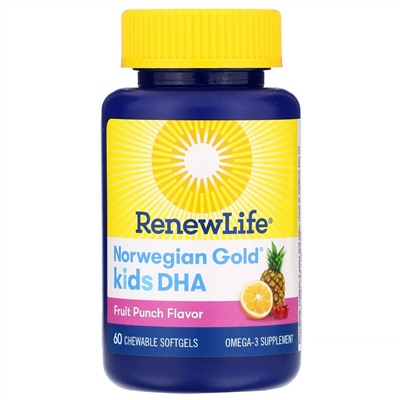 Renew Life, Norwegian Gold, ДГК для детей, со вкусом фруктового пунша, 200 мг, 60 жевательных таблеток