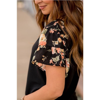 Black Floral Tiered Short Sleeve T Shirt