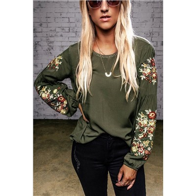 Green Floral Embroidery Long Sleeve Top