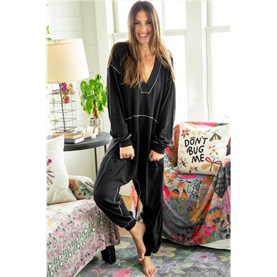 Black Flatlock Seam Detail V Neck Baggy Jumpsuit