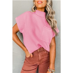 Pink Patch Pocket Ribbed Knit Short Sleeve Sweater