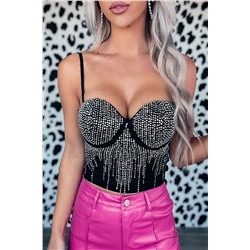 Black Rhinestone Spaghetti Strap Bustier Crop Top