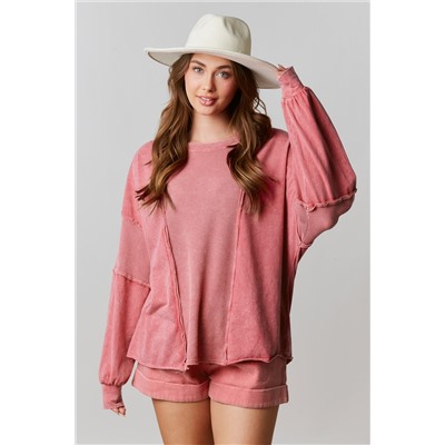 Rose Mineral Wash Patchwork Exposed Seam Sweatshirt