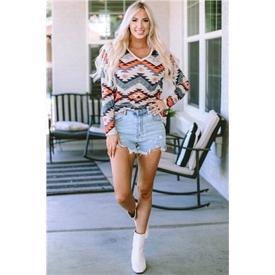 Multicolor Aztec Print V Neck Long Sleeve Top