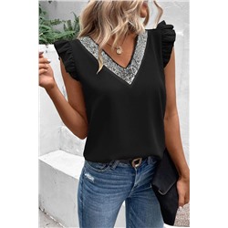 Black Contrast Sequin V Neck Flutter Sleeve Blouse