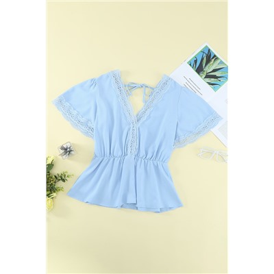 Sky Blue Lace Splicing V Neck Short Sleeve Blouse