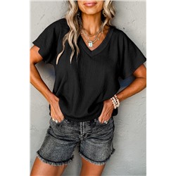 Black Crinkled V Neck Wide Sleeve T-shirt