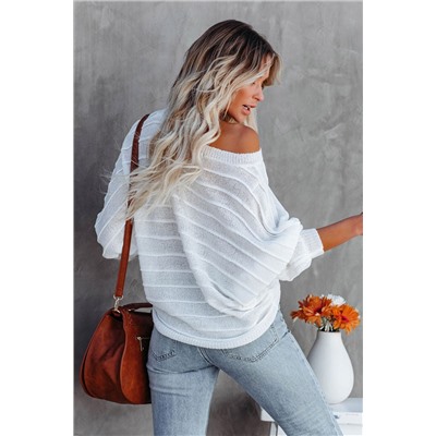 White 3/4 Dolman Sleeve Rib Knitted Sweater