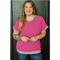 Rose Red Leopard Trim V Neck Short Sleeve Plus Size Corded Top