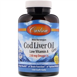 Carlson Labs, Wild Norwegian, Cod Liver Oil Gems, Low Vitamin A, Natural Lemon Flavor, 230 mg, 150 Soft Gels