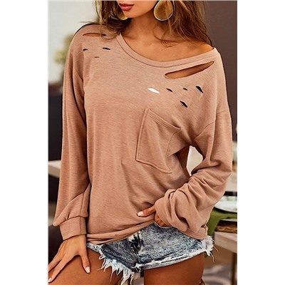 Khaki Distressed Cutout Long Sleeve Casual Top