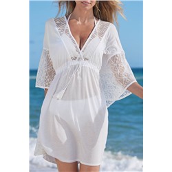 White Lace Patch Kimono Sleeve Tassel Drawstring Beach Cover Up