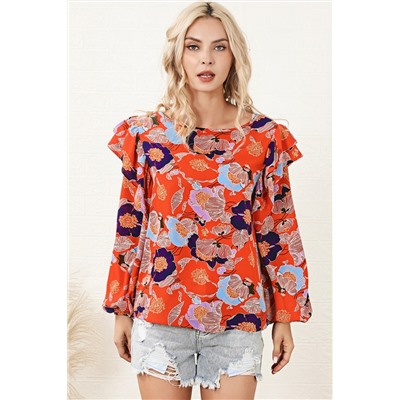 Red Floral Print Ruffle Puff Sleeve Blouse