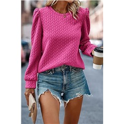 Rose Red Cable Textured Puff Sleeve Sweatshirt