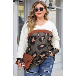 White Plus Size Leopard Print Patchwork Textured Top