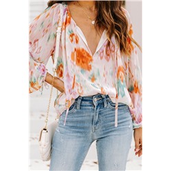 Multicolor Abstract Print Split Neck Puff Sleeve Blouse