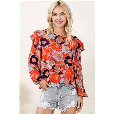 Red Floral Print Ruffle Puff Sleeve Blouse