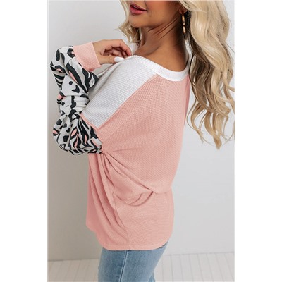 Pink Leopard Sleeve Patchwork Waffle Knit Top