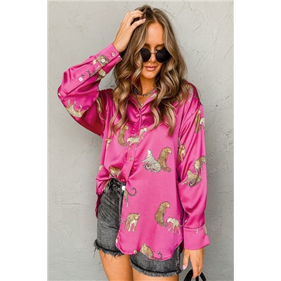 Rose Cheetah Animal Print Button Up Satin Shirt