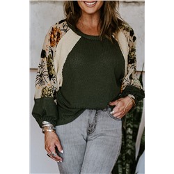 Green Plus Size Floral Raglan Colorblock Patchwork Knit Blouse