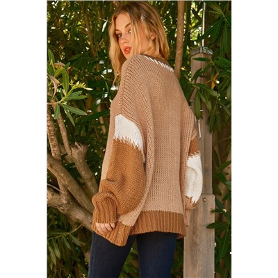 Light French Beige Color Block Contrast Stitch Oversized Sweater