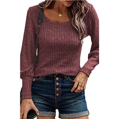 Mineral Fiery Red Ribbed Bishop Sleeve Round Neck Top