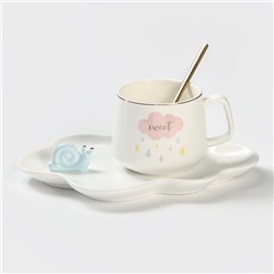 Кофейная пара керамическая «Облако», 3 предмета: кружка, блюдце 21×15 см, ложка h=13 см, цвет белый