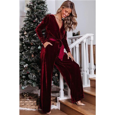 Fiery Red Velvet Pocketed Cut out Back Wide Leg Jumpsuit