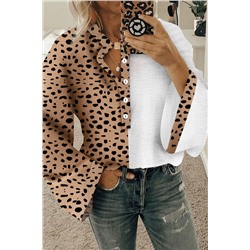 Khaki Leopard Contrast Half Button Casual Blouse