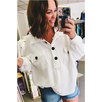 White Plus Size Long Sleeve Flap Pocket Henley Top