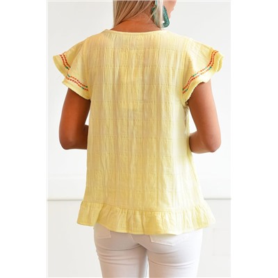 Yellow Geometric Embroidery Textured Top with Ruffles