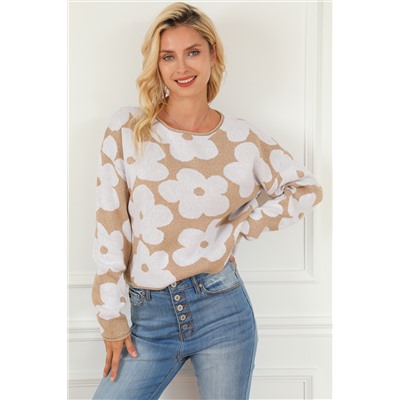 Light French Beige Flower Pattern Cropped Sweater