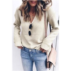 Beige Ribbed Knit V Neck Sweater