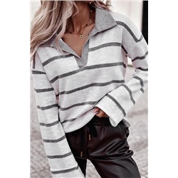 Gray Collared V Neck Striped Knit Top