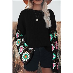 Black Floral Crochet Bell Sleeve Loose Sweater