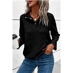 Black Textured Knit Buttoned Kangaroo Pocket Sweatshirt