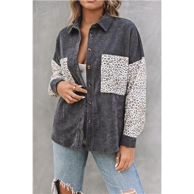 Gray Leopard Patchwork Corduroy Buttoned Shirt Jacket