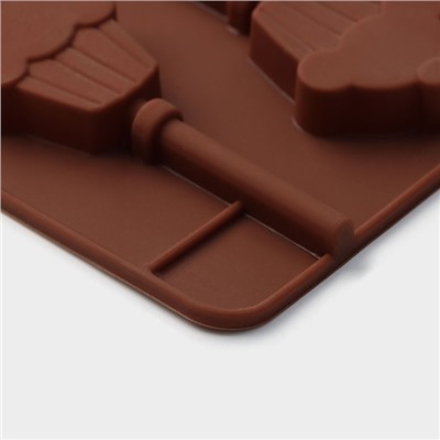 Форма для леденцов Доляна «Кексик», силикон, 25×9,5×1,5 см, 6 ячеек, с палочками, цвет коричневый