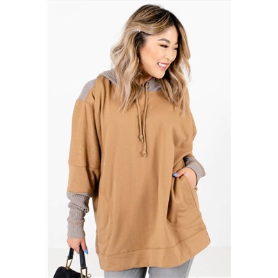 Camel Contrast Hood Patchwork Pocketed Baggy Sweatshirt